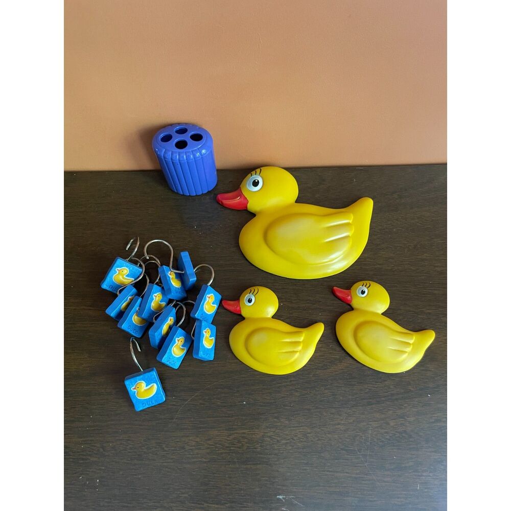 Vintage Yellow  Duck Bathroom Decor Set Shower Curtain Hooks Wall Decor 14 Pc
